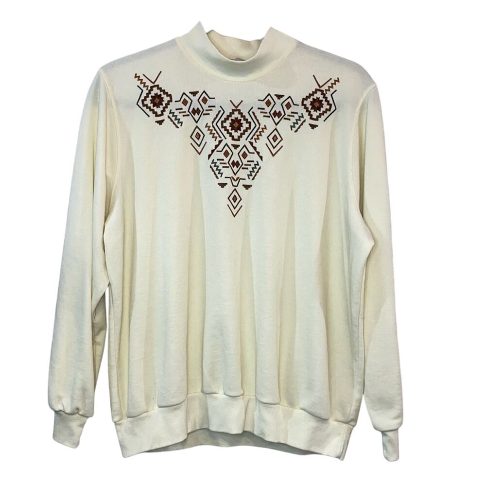 Vintage Southwestern Aztec Sweatshirt Petite Medium Cream Mock Neck Pullover